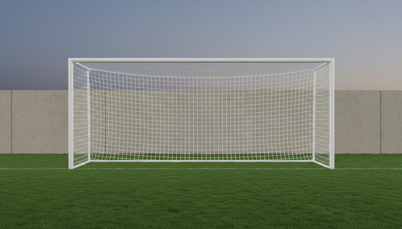 An official regulation soccer goal constructed from powder-coated white aluminum, with a taut, high-quality polyester net stretched and fastened securely, positioned on a vibrant, flat green pitch. The net displays a structured, grid-like pattern with subtle shadow lines on the grass underneath. The background consists of an unobtrusive, neutral-toned barrier wall, creating a distraction-free visual focus. Early evening stadium lighting from above bathes the scene in crisp, even light, gently outlining the frame and net, while maintaining a serene, balanced mood. The image is taken from a straight-on, eye-level perspective with sharp focus throughout, reinforcing a sense of reliability and professionalism suitable for a structured league setting.