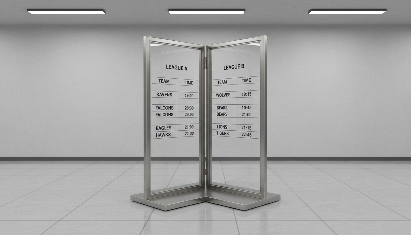 A modern, double-sided framed schedule board constructed from brushed metal and tempered glass, featuring neat columns with printed team names and match times in clear, sans-serif font. The board stands against a neutral, smoothly painted wall with subtle textural detail, and a faint reflection on the polished tile floor beneath. Cool, even artificial lighting illuminates the space, producing mild, tidy reflections and ensuring all text remains legible. Captured from a slight angle for a sense of depth yet centered composition, the image embodies clarity and order with a photographic, business-like presentation—perfect for highlighting league organization and professionalism.