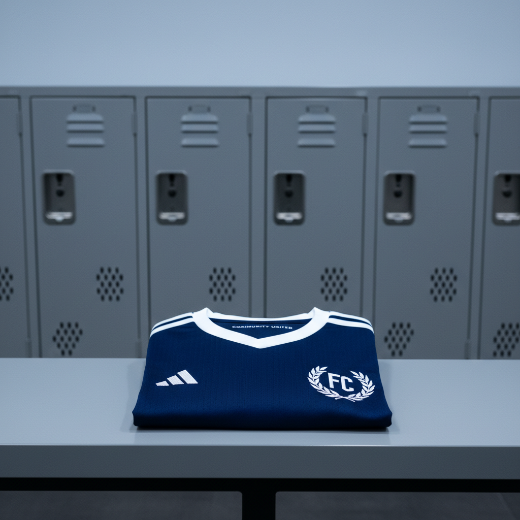 A clean, freshly laundered navy blue and white soccer jersey displayed neatly folded atop a sleek grey locker bench, emphasizing crisp fabric texture and subtle details like stitched logos and collar trim. Behind the jersey, an organized set of metallic lockers forms a structured backdrop, their neutral tones enhancing the scene's calm professionalism. Overhead soft LED lighting produces even illumination and gentle shadows, highlighting the jersey's contours without harsh contrast. The camera is positioned for a slightly elevated, centered shot, maintaining sharp focus on the jersey and a minimalist composition. The overall mood is disciplined and polished, conveying the integrity of a community soccer league environment.