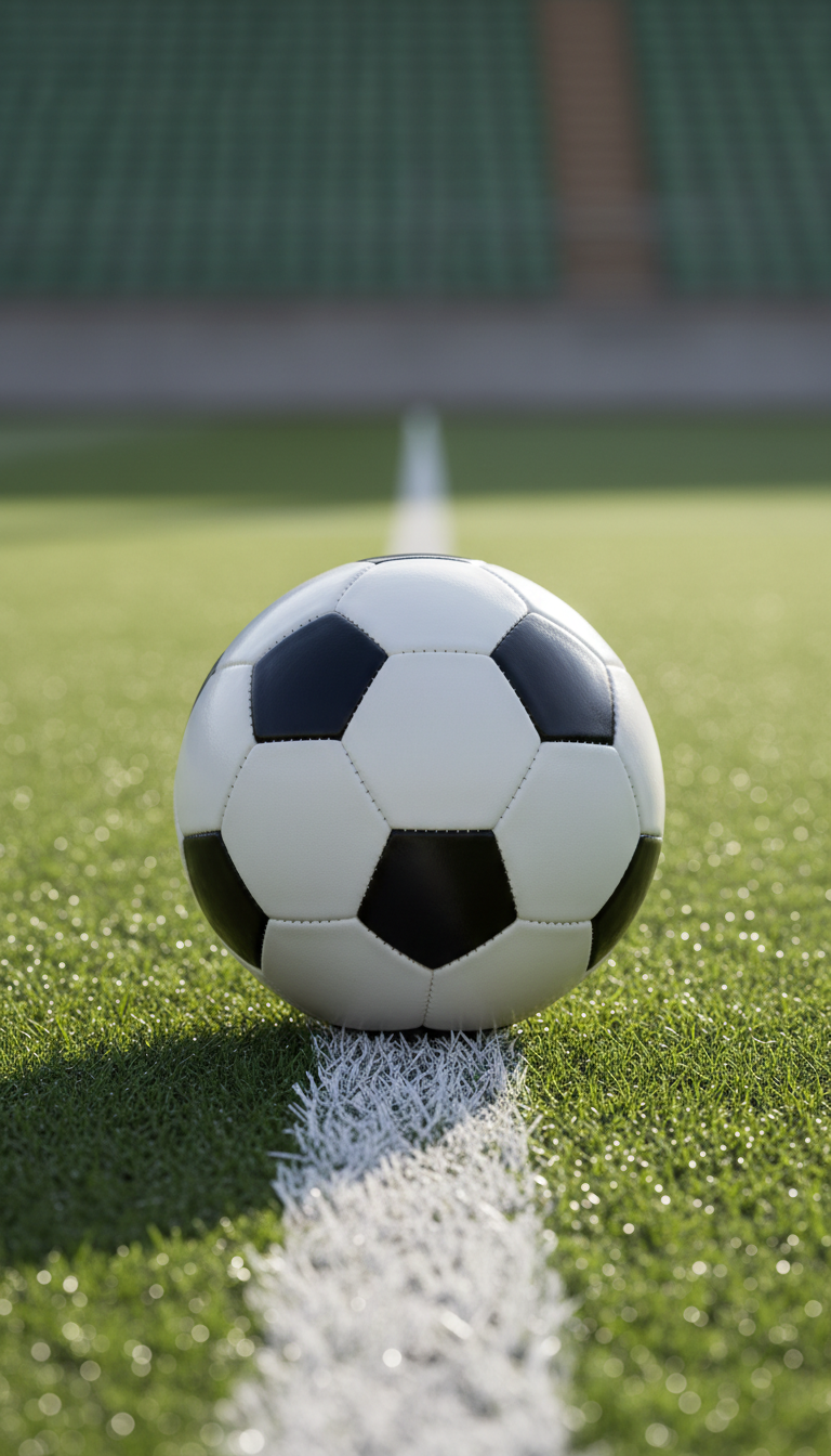 A high-quality, full-sized traditional black and white soccer ball with stitched panels and a slight sheen to its surface, sitting atop impeccably trimmed, dewy green turf that shows clear grassy texture. The ball is centered on a white-painted midfield line, with a freshly chalked look. Subtle diffused morning sunlight casts gentle, soft shadows and highlights, creating an inviting and professional feel. Shot from a low, eye-level perspective, with a balanced composition and neutral background that subtly fades into a gentle bokeh. The photographic realism, clean lines, and structured layout reflect a corporate, polished atmosphere, reinforcing the professionalism of an organized adult soccer league.